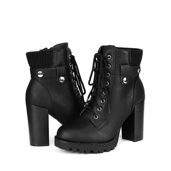 Chunky Round-Toe High Heel Ankle Boots - BLACK - 3